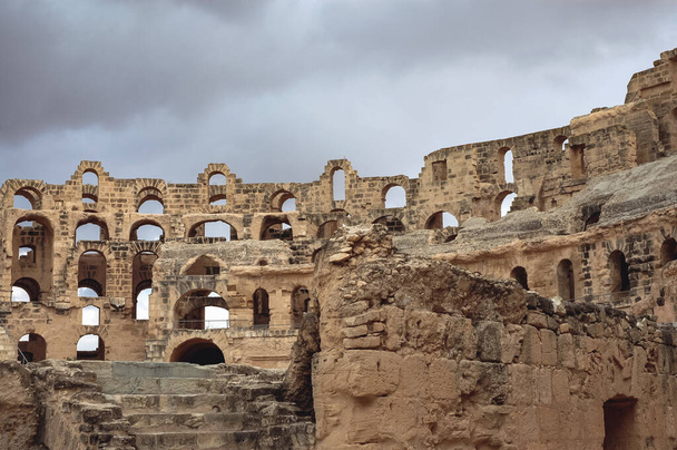 Remains of Roman colosseum in El Djem city - ancient Thysdrus, Tunisia - Photo, Image