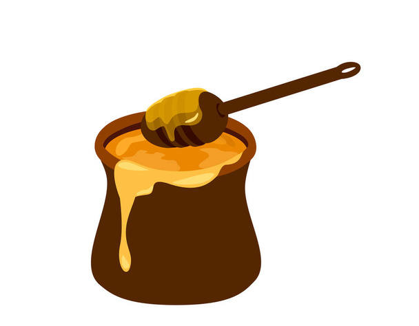 Honig tropft aus Holzdipper auf Tongefäß voll von goldenen süßen Honig.Süßes Frühstück gesunde Mahlzeit, gesundes Dessert isoliert auf weißem Hintergrund. Farbige flache Vektorabbildung - Vektor, Bild