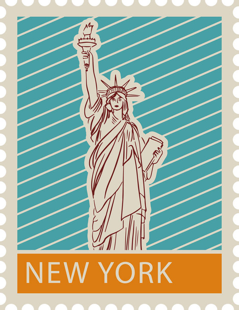 Colorato timbro piatto cartolina con STATUE OF LIBERTY famoso punto di riferimento e simbolo della città americana di NEW YORK CITY, Stati Uniti d'America - Vettoriali, immagini