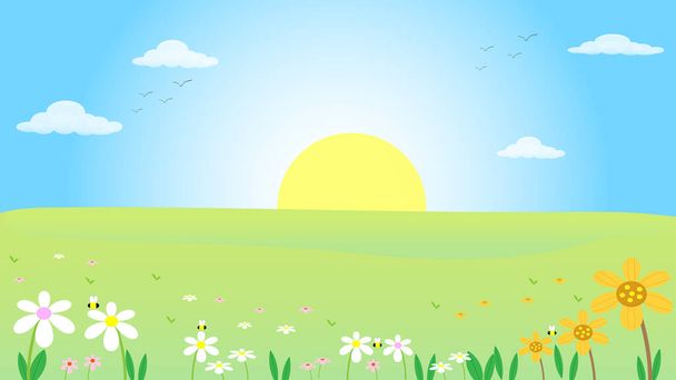 Весенний луг зеленые поля пейзаж с горы, голубое небо и облака фон, карикатура векторные иллюстрации для весны - Вектор,изображение