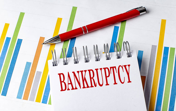 Текст BANKRUPTCY на блокноті з концепцією діаграми та ручки бізнесу - Фото, зображення