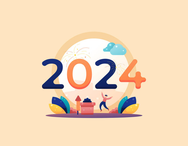 Καλή Χρονιά 2024. Οι άνθρωποι διασκεδάζουν και γιορτάζουν το νέο έτος 2024. Πρωτοχρονιάτικο πάρτι ή πυροτεχνήματα. εκδηλώσεις, φεστιβάλ, ή γιορτές. εικονογράφηση σχεδιασμός έννοια. διανυσματικά στοιχεία.  - Διάνυσμα, εικόνα
