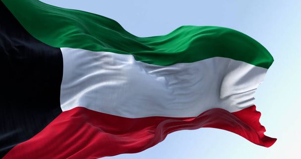 Крупним планом національний прапор Кувейту махав вітром. Горизонтальні смуги зеленого, білого і червоного, з чорною трапецією з лівого боку. 3d рендеринг ілюстрацій. Видобування тканини - Фото, зображення