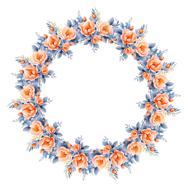 Διάνυσμα λουλούδια πλαίσιο. Όμορφο στεφάνι. Κομψή συλλογή λουλουδιών με απομονωμένο μπλε, ροδακινί φύλλα και λουλούδια, ζωγραφισμένη στο χέρι ακουαρέλα. Σχεδιασμός - Διάνυσμα, εικόνα