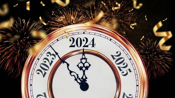 Vintage złoty zegar wskazuje na 2024 nowy rok z konfetti i fajerwerki. Karta Nowego Roku, koncepcja. Boże Narodzenie, kreatywny pomysł - Zdjęcie, obraz