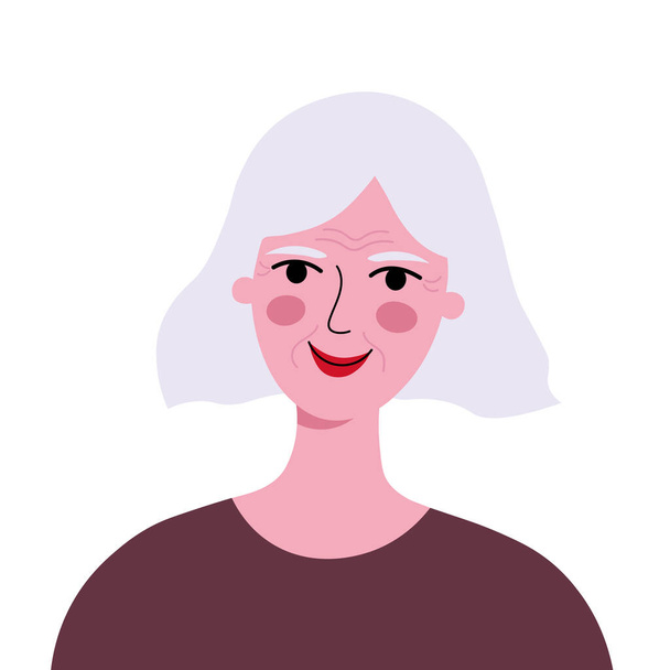 灰色の髪の手で描かれたベクターの平らなイラストを持つ高齢女性. 50以上の女性の顔を持つテキストの背景カード,ライフスタイル,美容,健康大人の女性. 印刷物,カードのための設計要素 - ベクター画像