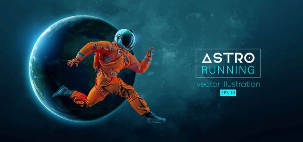 Abstracte silhouet van een lopende atleet astronaut in de ruimte actie en Aarde, Mars, planeten op de achtergrond van de ruimte. Runner man rennen sprint of marathon. Vectorillustratie - Vector, afbeelding