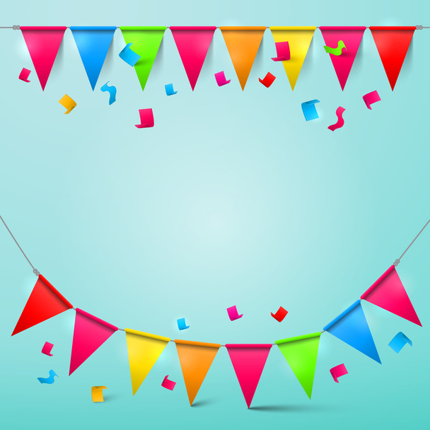 Bunting Confetti and Flags with Ribbons Colorful Celebration Vector Carnival Decoration Background - Vector, Image