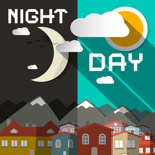 Night and Day Vector Illustration with Mountain City and Sun with Moon - Vector, Image