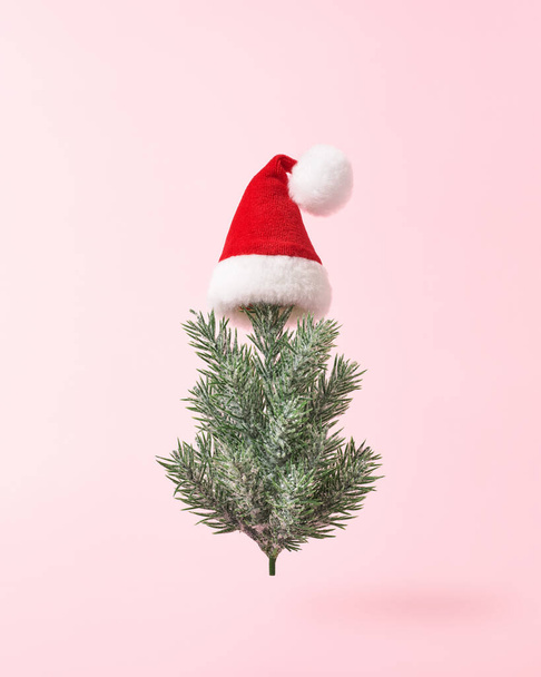 Рождественская ёлка в шляпе Санты на розовом фоне. Рождественские открытки, концепция, минимальный стиль. - Фото, изображение