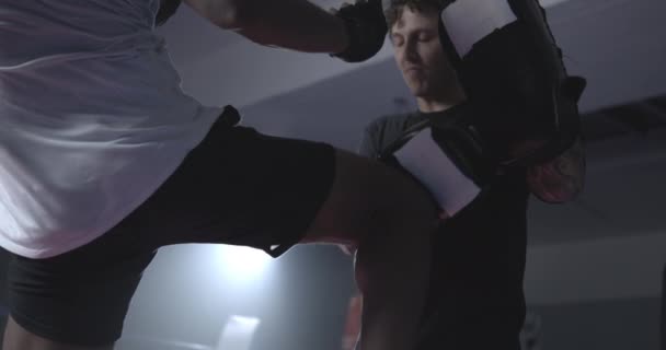 La rodilla del joven luchador golpea a Mitt en el anillo de boxeo dramáticamente ligero a 800 fps - Metraje, vídeo
