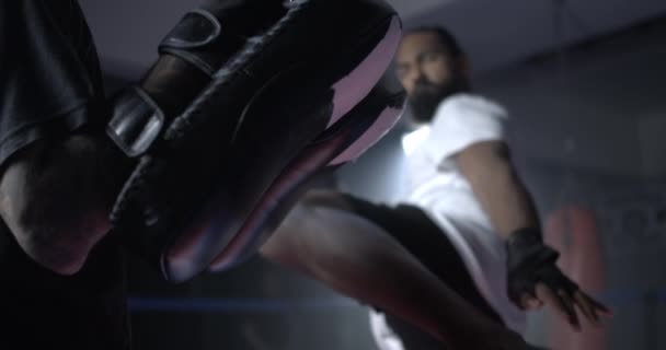 Szkolenie Mitt w akcji - Man 's Forceful Leg Kick Celowanie Cushioned Pad - Materiał filmowy, wideo