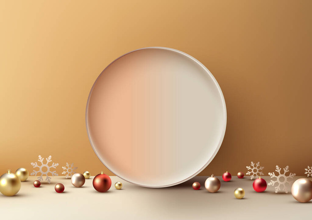 Joulun juhla ylellinen tausta featuring 3D realistinen ympyrä taustalla kultaa ja punaisia palloja. Täydellinen tuote näyttää, loma-kortit, ja sosiaalisen median viestit. Vektoriesimerkki - Vektori, kuva