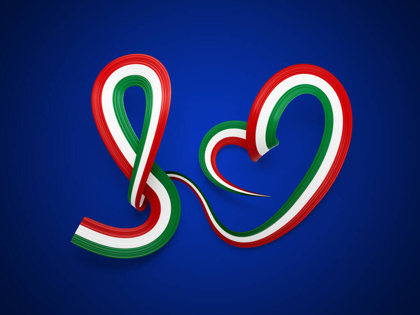 3D vlajka Maďarska Tvar srdce lesklý vlnitý povědomí Stuha vlajka na modrém pozadí 3D ilustrace - Fotografie, Obrázek