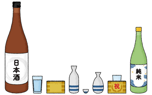Set de sake con toque analógico dibujado a mano - Traducción: sake, arroz puro, celebración - Vector, imagen