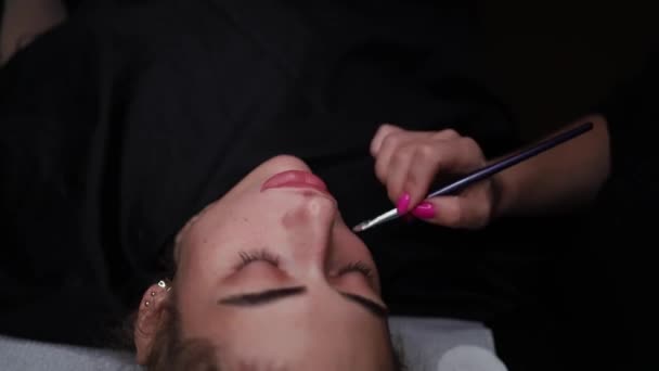 Le maître maquillage permanent des lèvres utilise un pinceau pour appliquer de la crème sur le visage. - Séquence, vidéo