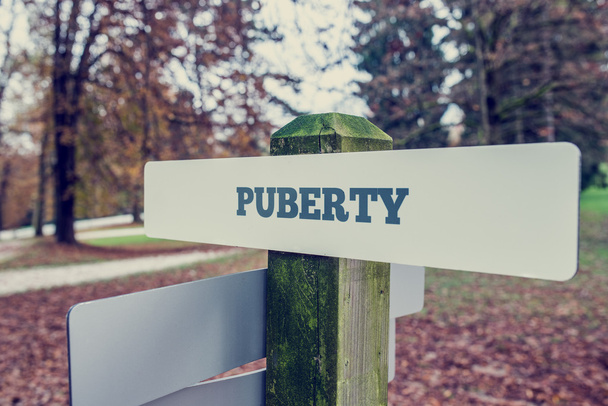 Puberty enseigne sur un poteau en bois
  - Photo, image