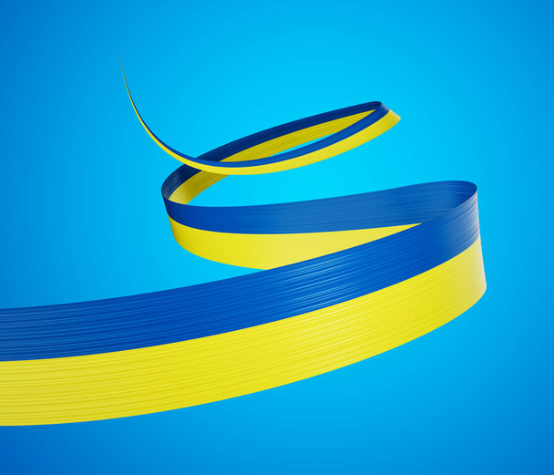 Bandera 3d de Ucrania Bandera de cinta ondeante 3d aislada sobre fondo azul marino, ilustración 3d - Foto, imagen
