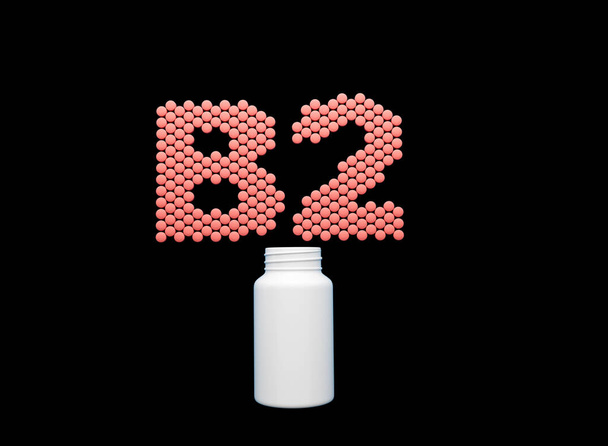 Flacon blanc vide de pilule 3d avec le texte B2 fait de comprimés de vitamine B2 Illustration 3d de fond noir - Photo, image