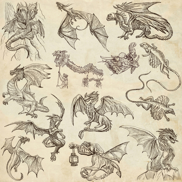 Dragons. An hand drawn freehand sketches. Originals. - Photo, image