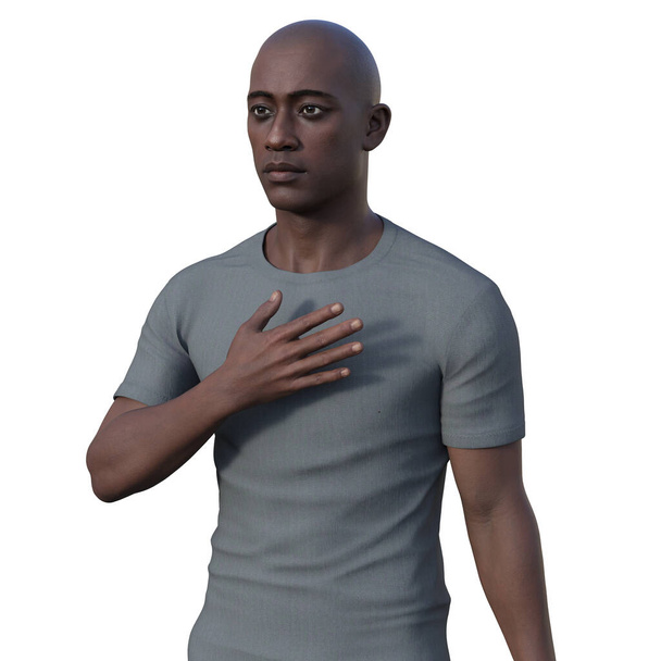 3D fotorealistická ilustrace znázorňující horní polovinu afrického muže, odhalující složité detaily jeho kůže, obličeje a tělesné anatomie. - Fotografie, Obrázek