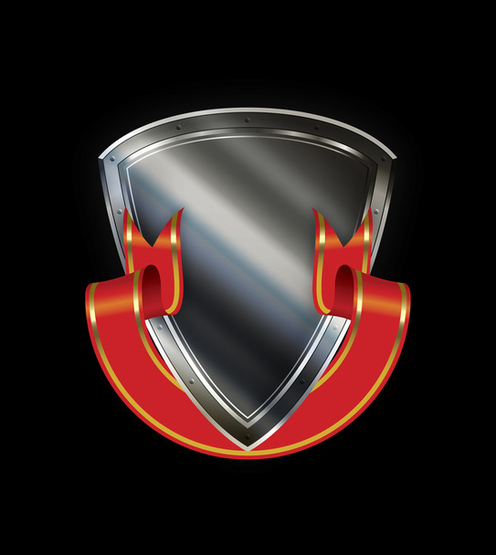 Silver shield and red ribbon on black background. - Photo, Image