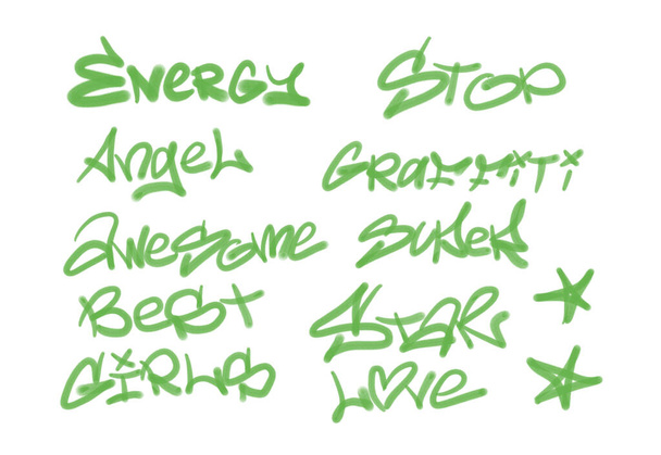 Збірка графіті вуличних арт-тегів зі словами та символами в зеленому кольорі на білому тлі - Фото, зображення