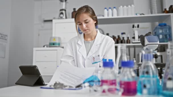 Ernsthafte junge blonde Wissenschaftlerin vertieft in die Forschung, hält Reagenzglas in der Hand und macht sich Notizen auf Klemmbrett im geschäftigen medizinischen Labor. - Filmmaterial, Video
