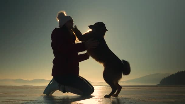 Ferme-la, LENS FLARE, SILHOUETTE : Femme à genoux et son chien mignon sur un lac gelé. Femme souriante caresse son adorable chien avec la queue agitée. Ils se sont arrêtés en patinant à travers un lac par une journée d'hiver ensoleillée - Séquence, vidéo