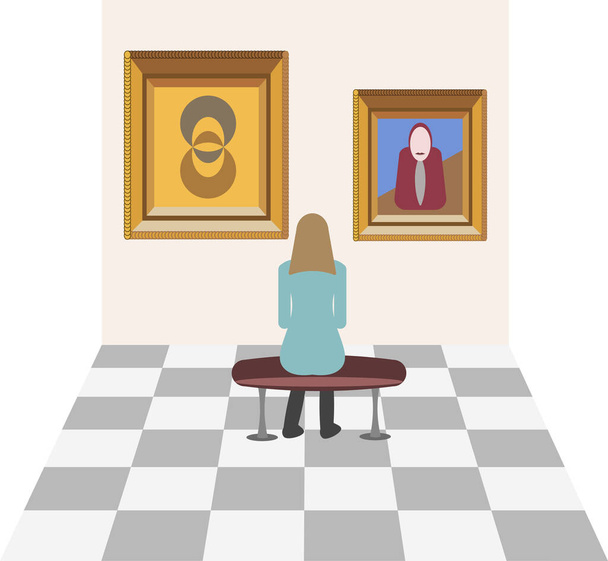 Επίπεδη γελοιογραφία μιας γυναίκας που κάθεται στον πάγκο και κοιτάζει ζωγραφικά έργα τέχνης σε μουσειακή έκθεση. Διάνυσμα επισκεπτών σε γκαλερί τέχνης ή μουσείο. - Διάνυσμα, εικόνα