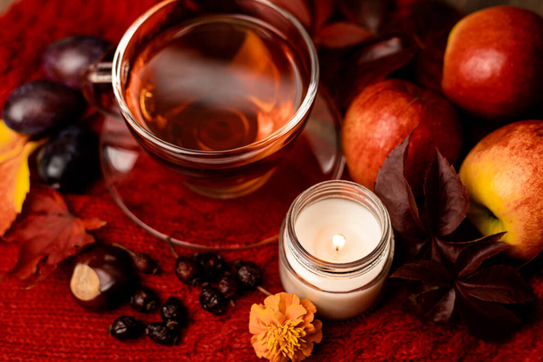 Arreglo de otoño de calabazas, manzanas, té y velas. Composición otoñal sobre una mesa de madera. Foto de alta calidad - Foto, imagen