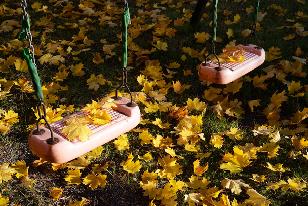 niños oscilan en el patio en otoño cubierto con hojas de arce amarillo otoño - Foto, Imagen