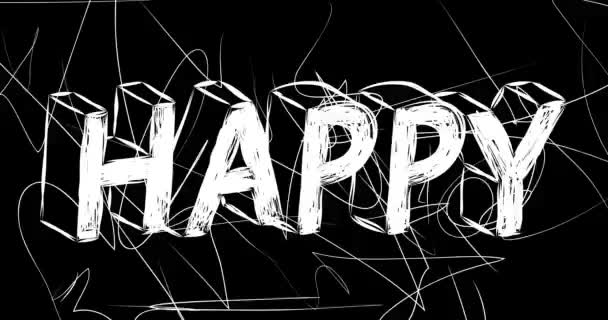 Happy word animation of old chaotic film strip with grunge effect. Busy destroyed TV, video surface, vintage screen white scratches, cuts, dust and smudges. - Footage, Video