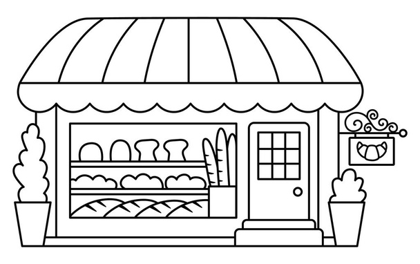 Vector acogedora panadería aislada sobre fondo blanco. Pequeña ilustración de línea de tienda de pan blanco y negro o página para colorear. Lindo quiosco francés con pasteles, pasteles, panes, baguette - Vector, Imagen