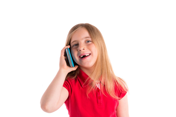 blond indented girl smiling talking smartphone - Foto, afbeelding