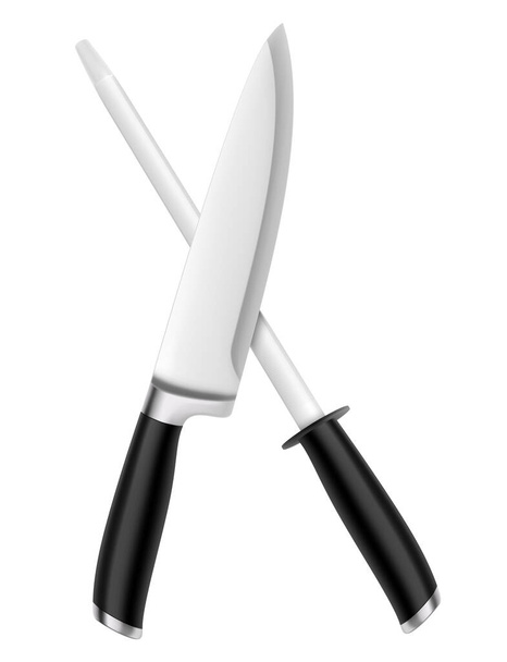 Navaja cruzada y afilador, ilustración realista vector 3d. Cuchillo de cocina y acero de afilado. Afilador y cuchillo aislados sobre fondo blanco - Foto, imagen