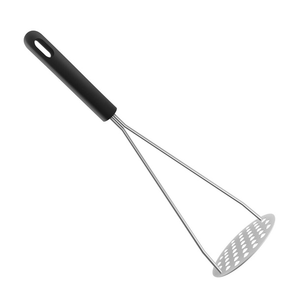 Stainless Steel Potato Masher isolated on white background. A silver metal Potato Masher with black handle. Realistic 3D vector illustration. Kitchen utensils for cooking, tableware - Photo, Image
