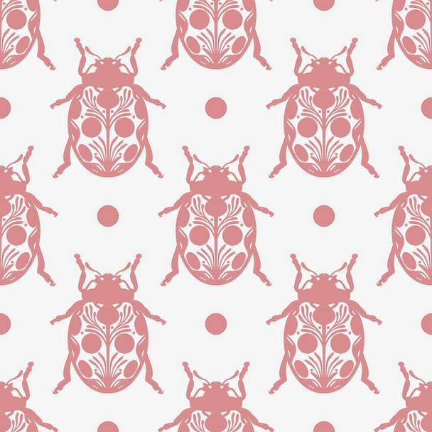 Patrón de escarabajo dibujado a mano mariquita sin costuras repitiendo backgorund, patrón vintage inspirado popular con ilustraciones de insectos para papel pintado o diseño de impresión de tela. - Vector, Imagen