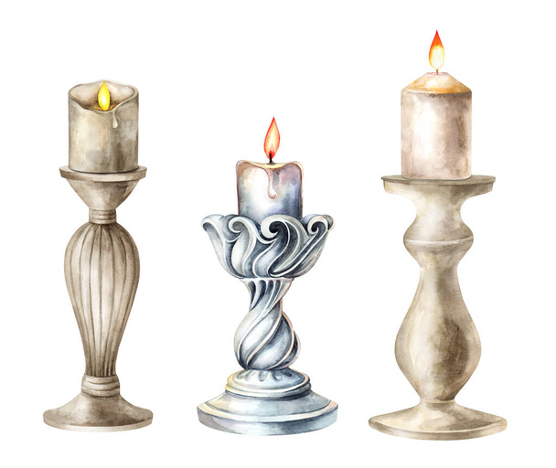 Sada klasických svícnů s hořící svíčkou na bílém izolovaném pozadí. Vnitřní výzdoba, pokojová rostlina. Akvarel ručně kreslené ilustrace - Fotografie, Obrázek