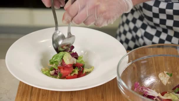 Chef serviert Gemüsesalat mit Wassermelone und Käse auf einem Teller - Filmmaterial, Video