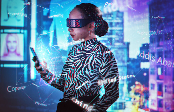 Metaverse, brýle virtuální reality a žena s přístrojovou deskou telefonu pro digitální transformaci. Osoba s vr headset pro globální ux ar hologram pro kyber, budoucnost a 3D svět pro velká data. - Fotografie, Obrázek