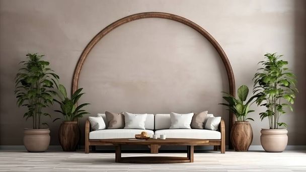 3D-Rendering eines gemütlichen Wohnzimmers mit einem bequemen Sofa, Topfpflanzen und dem Holzbogen an der Wand.  - Foto, Bild