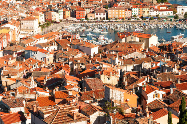 Ciudad de Rovinj en Croacia. Azulejos rojos en los techos de las casas y un puerto deportivo con barcos. - Foto, Imagen