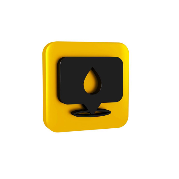 Gota de agua negra con icono de ubicación aislado sobre fondo transparente. Botón cuadrado amarillo.. - Foto, imagen