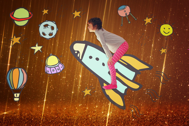 Photo of cute kid imagine spachip flight. image withe set of infographics over glittery background - 写真・画像