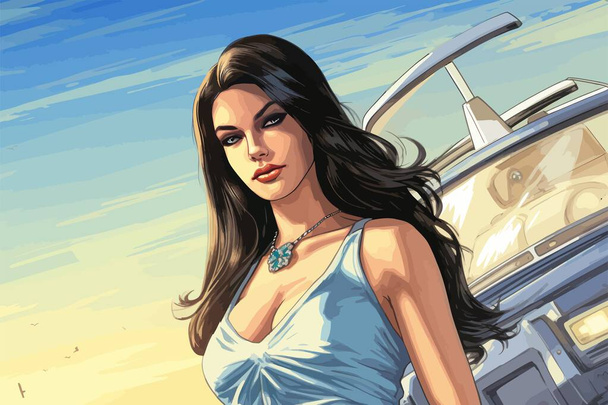 Mooie jonge vrouw in een blauwe jurk op de achtergrond van een auto. Cartoon vector illustratie. - Vector, afbeelding