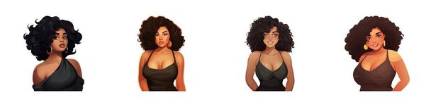 Chubby woman. Beautiful black young woman set. Vector illustration. - Vector, Image