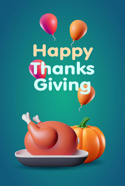 Поздравительная открытка на День Благодарения с 3d жареной индейкой, тыквенными и воздушными шарами. 3d стилизованная векторная иллюстрация для приветствия - Вектор,изображение