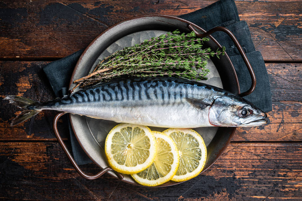Uncooked mackerel fish, raw scomber with herbs. Wooden background. Top view. - Φωτογραφία, εικόνα
