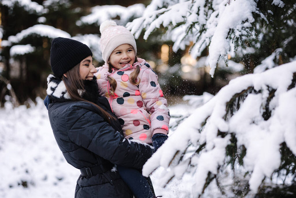 Šťastná matka a dcera setřást sníh z větve vánočního stromku. Kvalitní fotografie - Fotografie, Obrázek